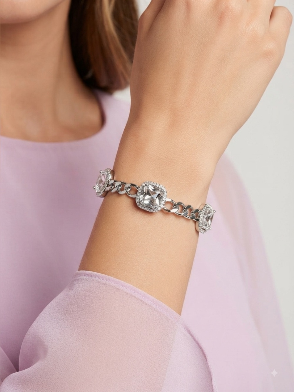 Cosmopolitan Silver Crystal Curb Link Bracelet | Square Crystal Toggle Clasp